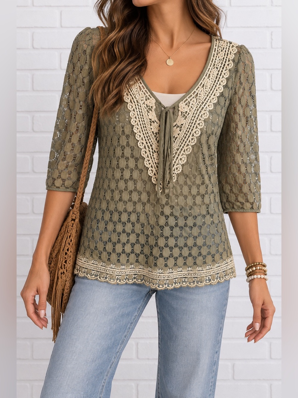 Y2K Solitaire Sage Green Lace Crochet Trim Boho Tunic Top Medium